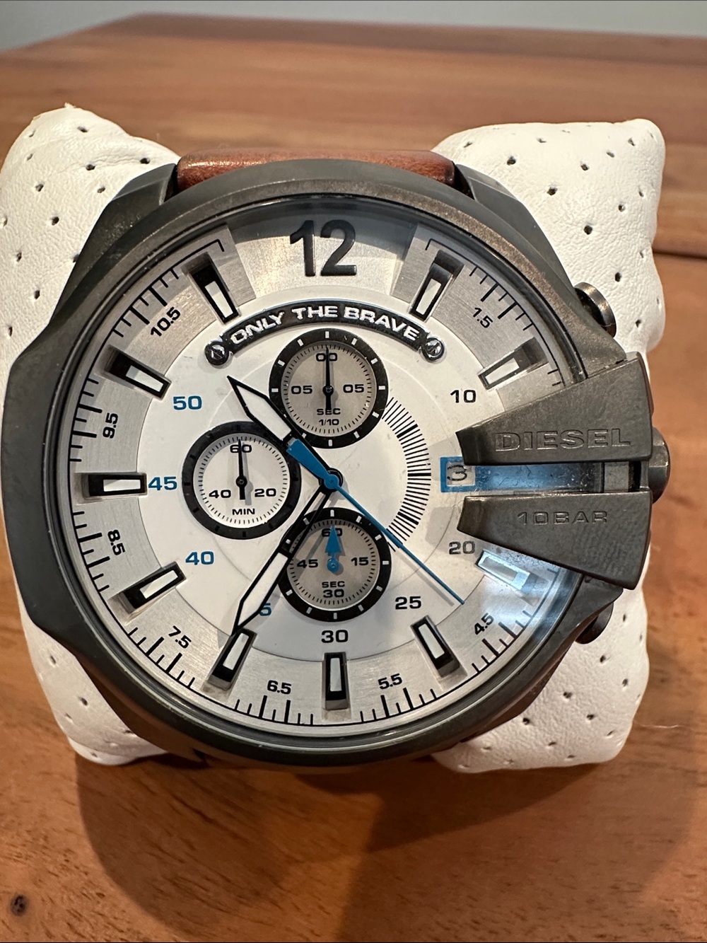 Diesel White Dial Chronograph Watch with Brown Leather Strap